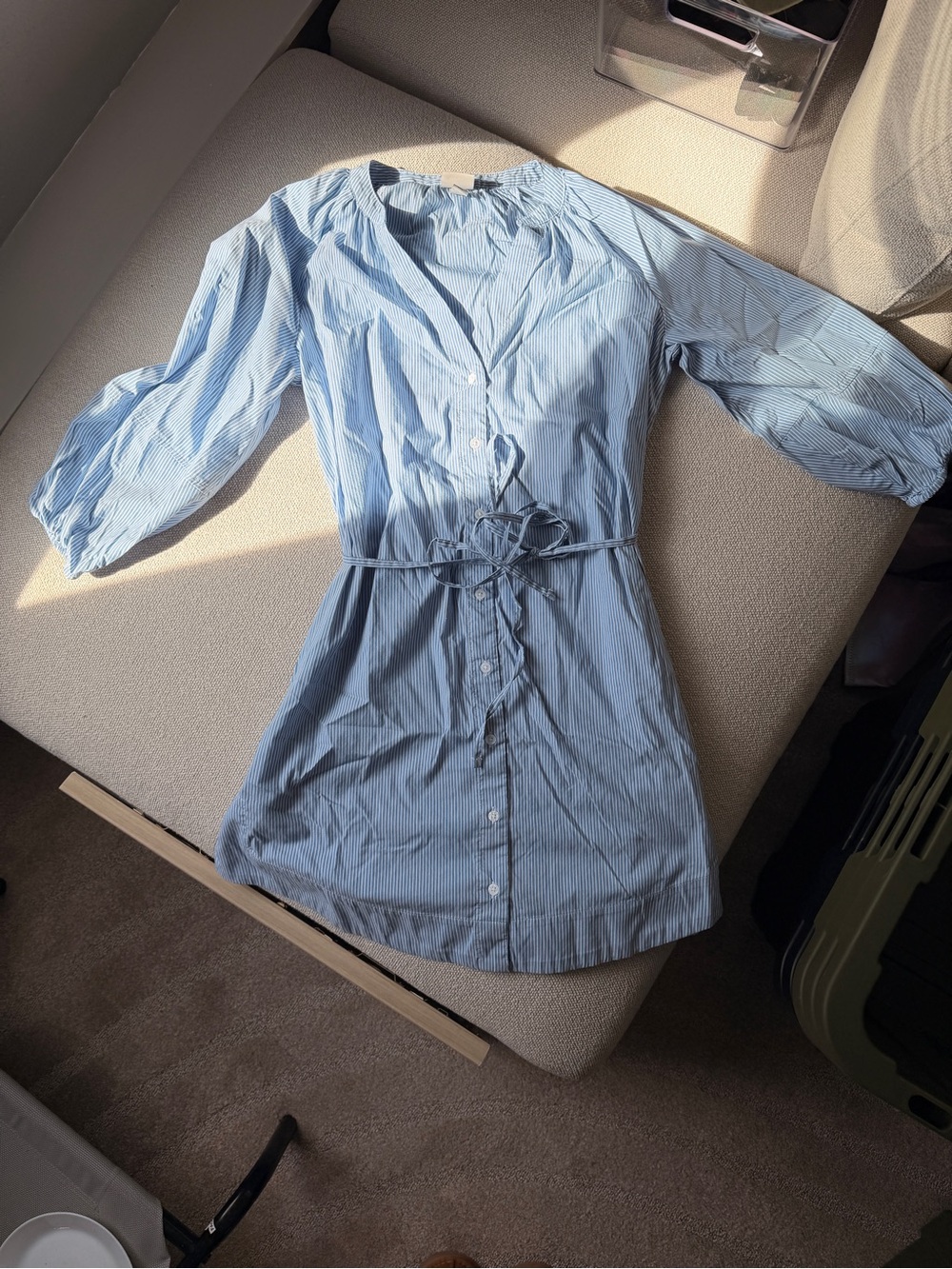 a new day Light Blue Pinstripe Button-Front Tie-Waist Mini Dress
